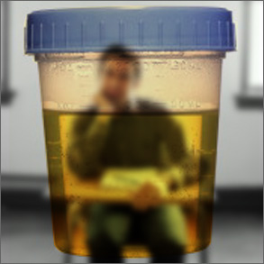 drug-test urine-filled translucent cup in foreground, figure of a person is seen through the urine